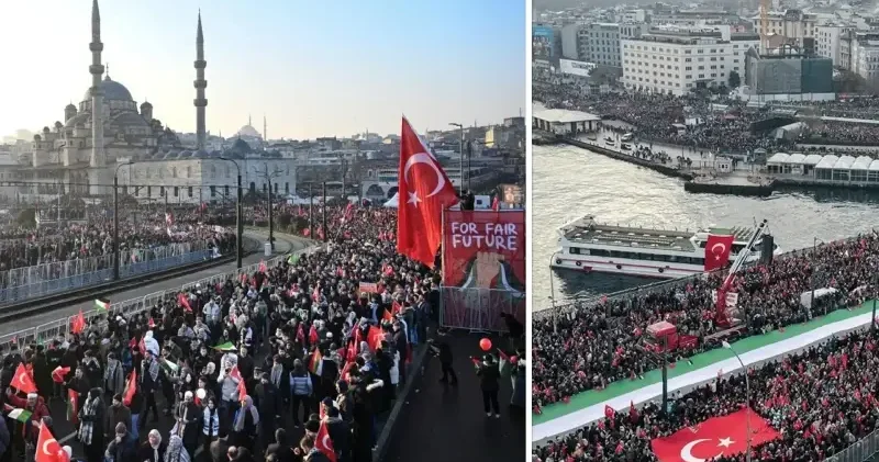 Susmuyoruz sinmiyoruz Filistin i unutmuyoruz : Binlerce insan Filistin için Galata Köprüsü nde buluşuyor Gündem Haberleri