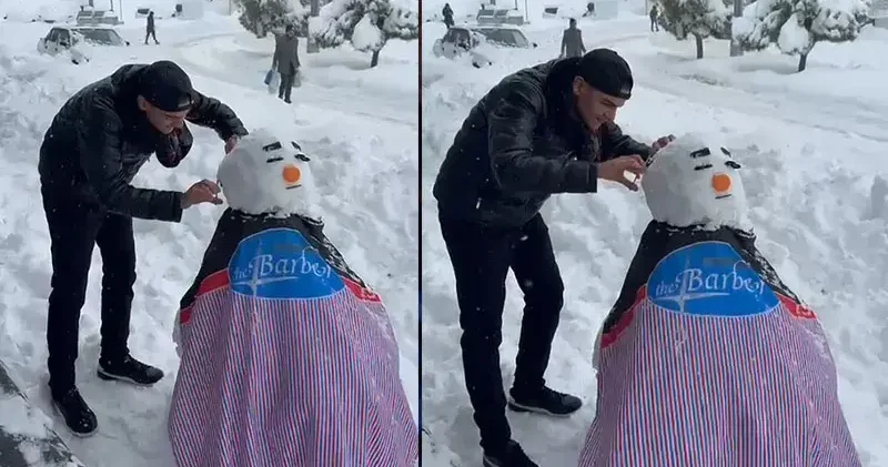 Şırnak’ta kuaför, kardan adamı tıraş etti