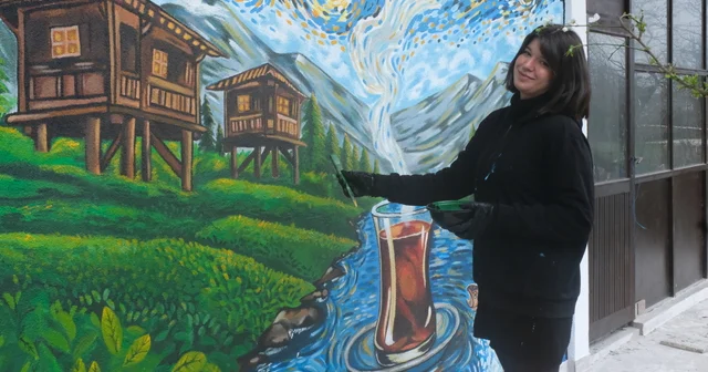 Rize nin simgeleri Van Gogh tarzıyla duvara yansıdı Rize Haberleri