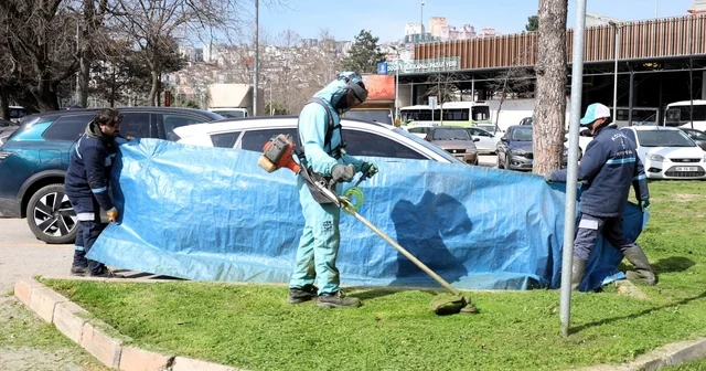 Kocaeli de yeşil alan bakımlarında araçlar brandalarla korunuyor Kocaeli Haberleri