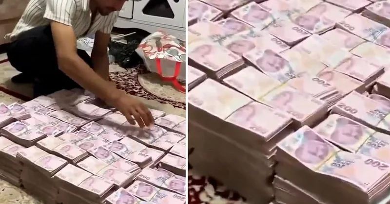 Deste deste paraları halının üzerine dizip video çekti