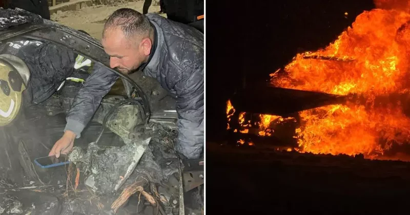 Karlı rampayı çıkarken zorlanan araç alev alev yandı: Sürücü yanan araçta para ve altınını aradı