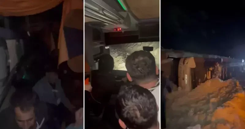 Yolcu otobüsünün şarampole devrildiği kaza kamerada: 4 yaralı
