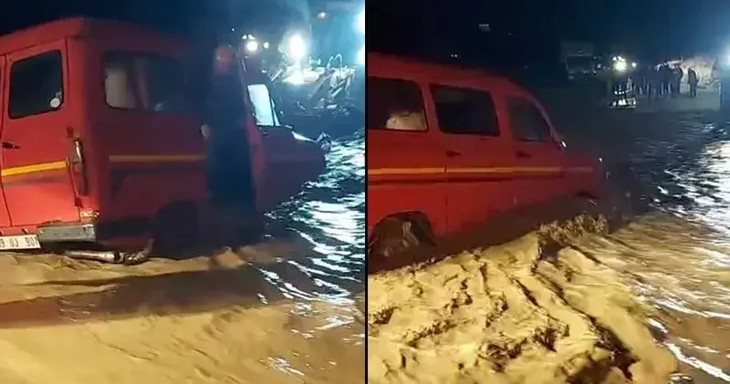 Aydın’da taşan çayda mahsur kalan minibüsteki aile kurtarıldı