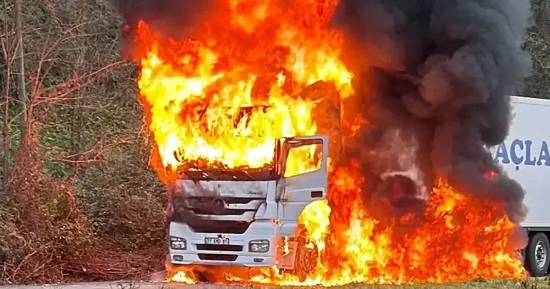 Rize’de arızalanan tır bir anda alev topuna döndü Rize Haberleri