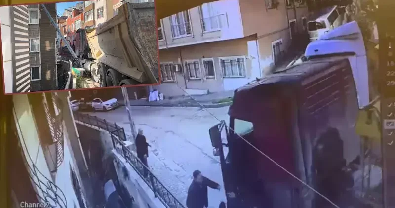Kağıthane de yokuştan kayan kamyonu durdurmak istedi 5 metreden düştü; o anlar kamerada