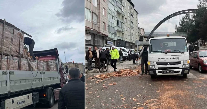 Samsun da tonlarca tuğla yola savruldu: Eşini kurtarmaya çalışan adam yaralandı Samsun Haberleri