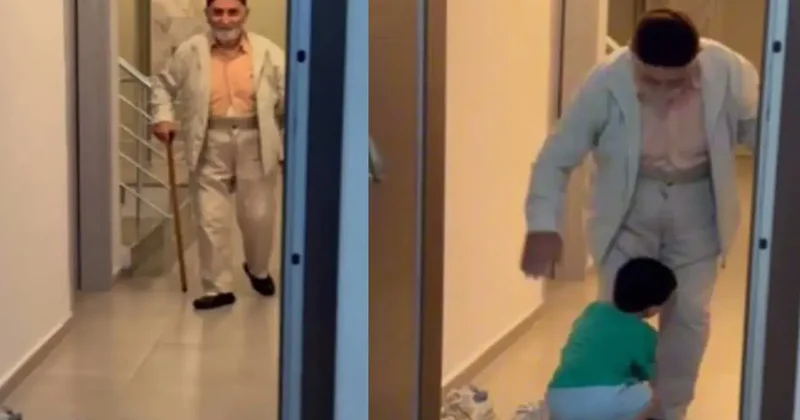 Dede sevgisiyle yerinde duramadı: Minik çocuk ayaklarına kapanarak sevgisini böyle gösterdi
