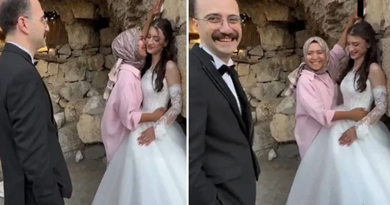 Düğün fotoğrafında şaşırtan anlar: Damattan önce fotoğrafçı öptü