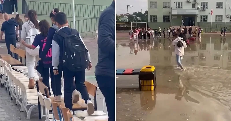 Okul bahçesi yağmur sonrası göle döndü: Öğrenciler sıralardan geçiş yolu yaptı