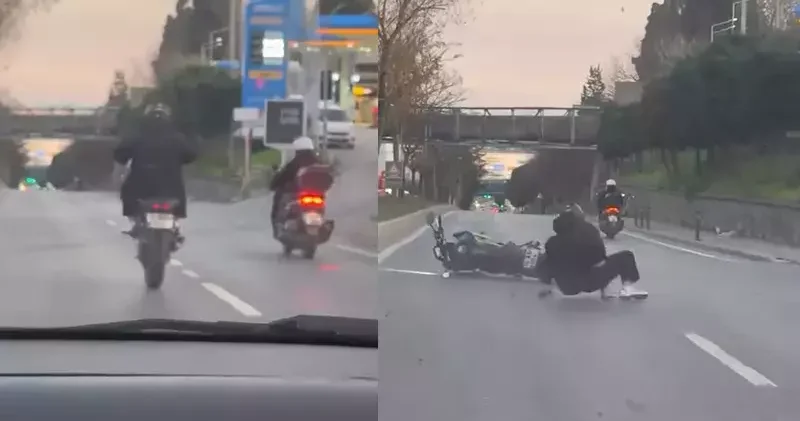 Üsküdar da tek teker ilerlemeye çalışan motosikletli yola savruldu