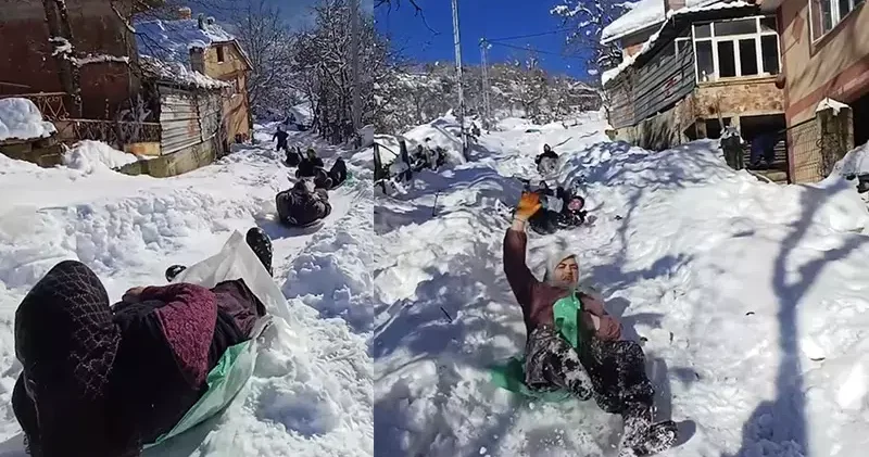Köylülerin kar keyfi; naylon poşetlerle kaydılar