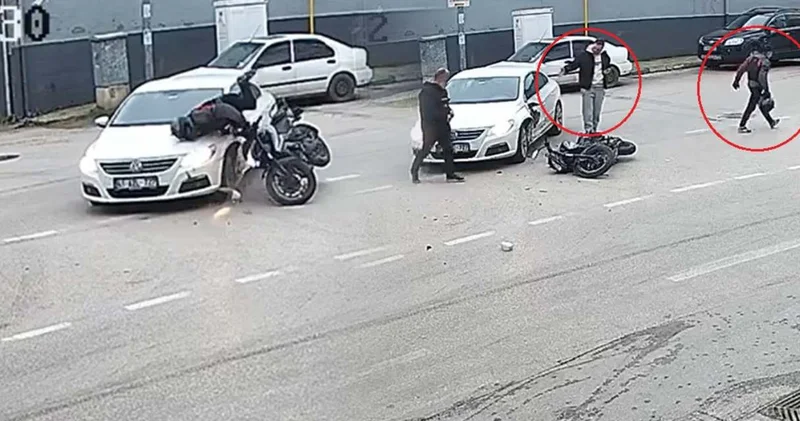 Sinyal vermedi kazaya sebep oldu! Yaralanan motosikletliye değil aracına koştu