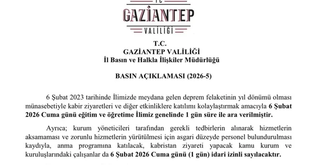 Gaziantep te 6 Şubat ta eğitime 1 gün ara verildi Gaziantep Haberleri