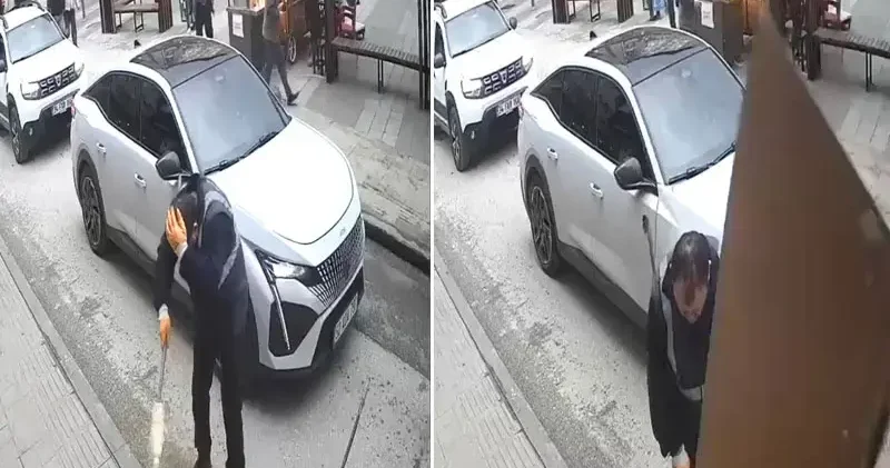 Reklam tabelası şiddetli rüzgarda temizlik işçisinin başına düştü; o anlar kamerada
