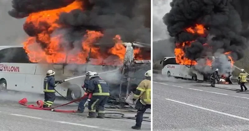 Yalova da yolcu otobüsü alev alev yandı!