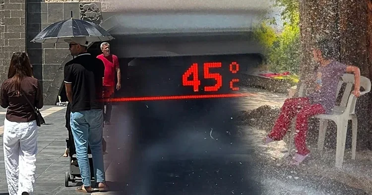 Diyarbakır da kavurucu sıcaklar! Termometreler 45 dereceyi gösterdi: ağaçtan sarkıtılan hortumla serinlediler