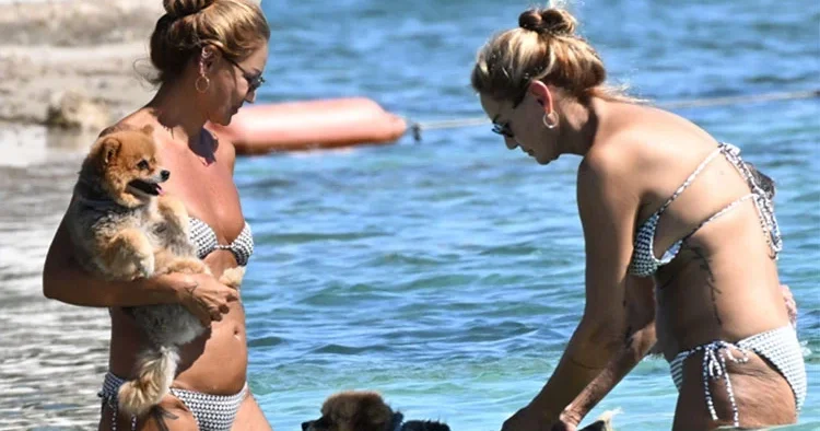 Pınar Altuğ köpeğiyle denizde