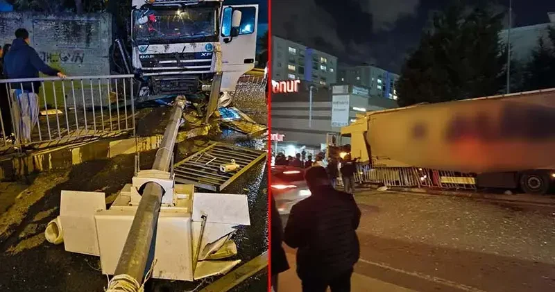 Arnavutköy de seyir halindeki TIR, otobüs durağına daldı