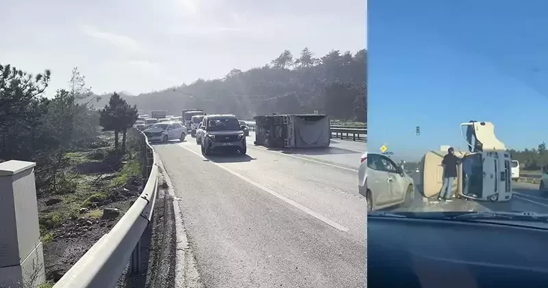 Arnavutköy yolunda zincirleme kaza: Kamyonet devrildi, şoförün yardımına çevredekiler koştu