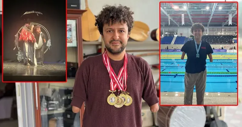 95 madalyalı Hamit, engelleri havuzda ve tiyatro sahnesinde aştı