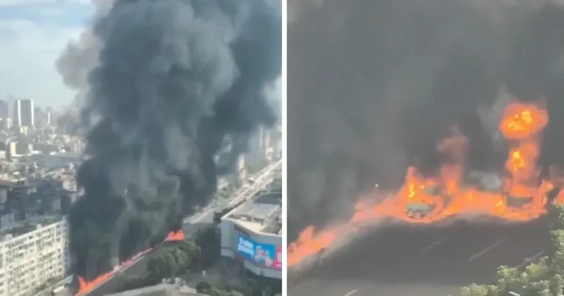 Yanıcı madde taşıyan kamyon yandı, alevler metrelerce yüksekliğe ulaştı