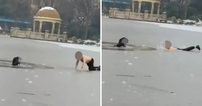 Kahramana adam, buzlu göle düşen çocuğu kurtardı