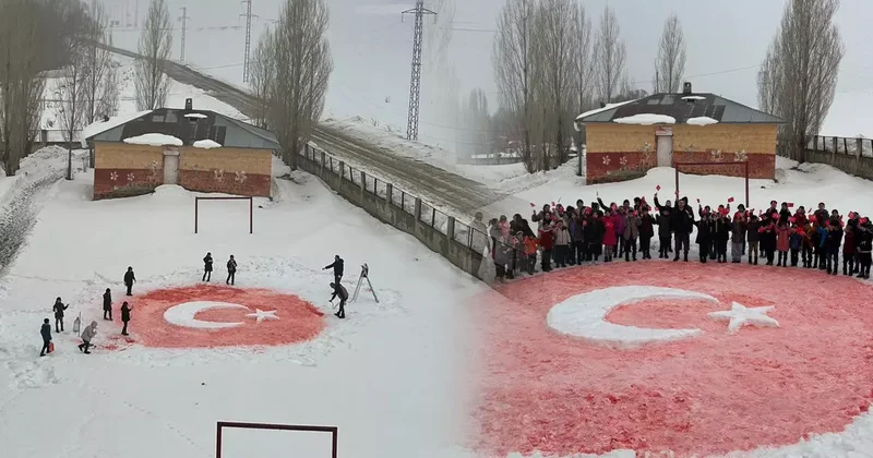 Öğrenciler kardan Türk bayrağı yaptı