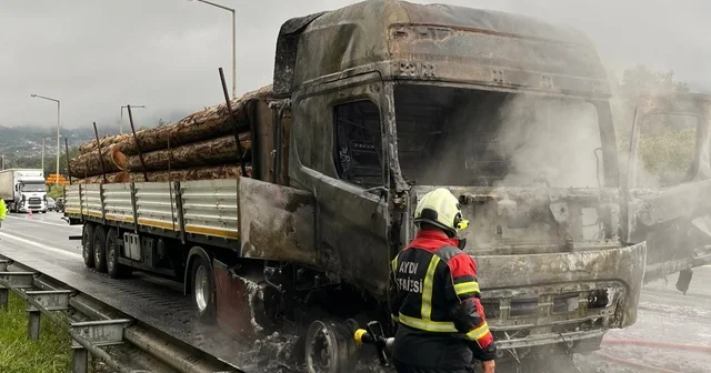 Tomruk yüklü tır alev topuna döndü Aydın Haberleri