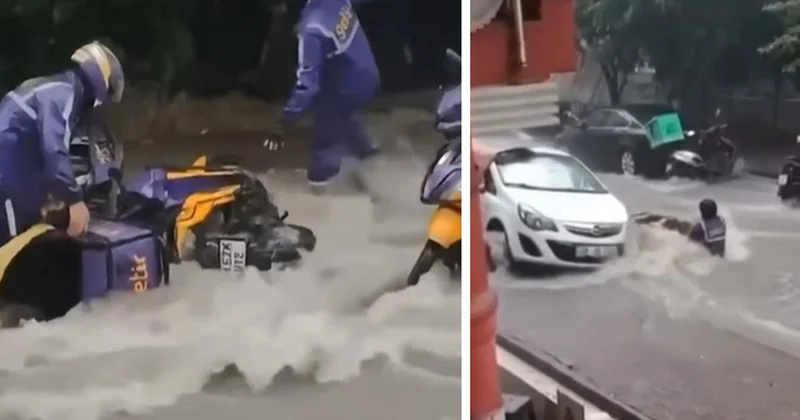 Çekmeköy’de motokuryeler akıntıya kapıldı