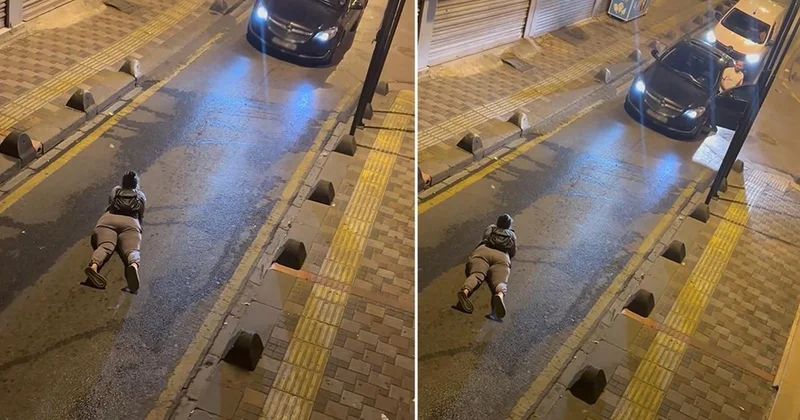 İstanbul da ilginç görüntü! Yolun ortasına yatıp telefonuyla oynadı