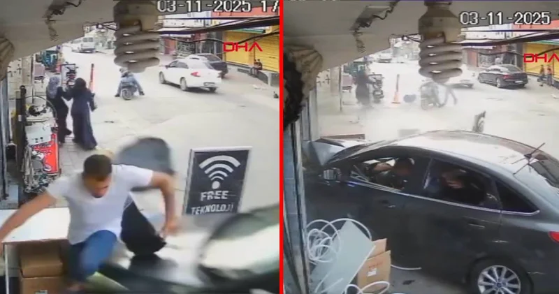 Otomobil iş yerine daldı! Kaldırımdaki yaya ezilmekten kıl payı kurtuldu