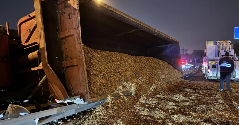 Kocaeli de yonga yüklü tır devrildi