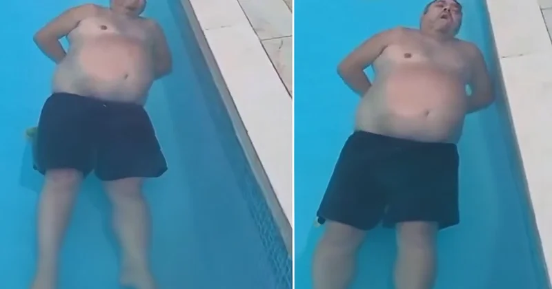 Havuzda uyuya kaldı! Eşi horladığı anları böyle kayda aldı