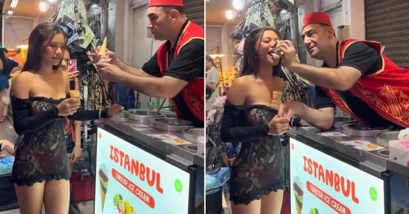 Maraş dondurmacısının turist kadına yaptığı şov tartışma yarattı