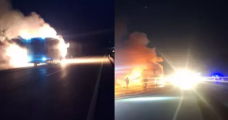 Karabük te seyir halindeki yolcu otobüsü yandı