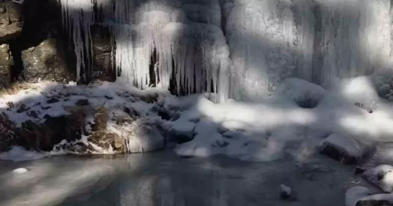Kaz Dağları’nda görsel şölen: 12 derecede donan şelale büyüledi