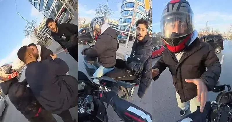 Kağıthane’de trafikte motosiklet sürücüsünün önünü kesip darbettiler: Erkeksen karakola gel