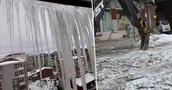 Kentte 20 santimetre kalınlığındaki buz tabakaları oluştu: İş makinesi devreye girdi