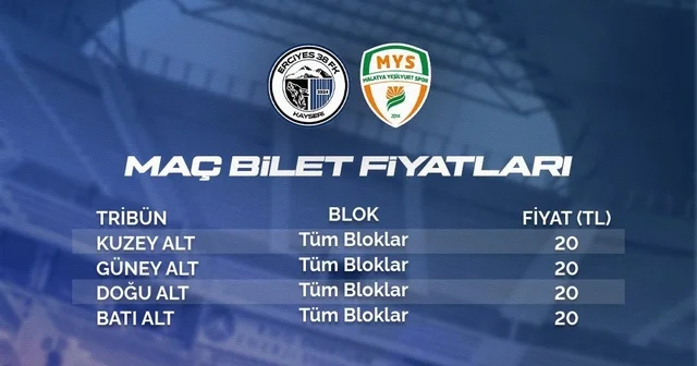 Erciyes 38 FSK Malatya Yeşilyurtspor maç bileti 20 TL Kayseri Haberleri