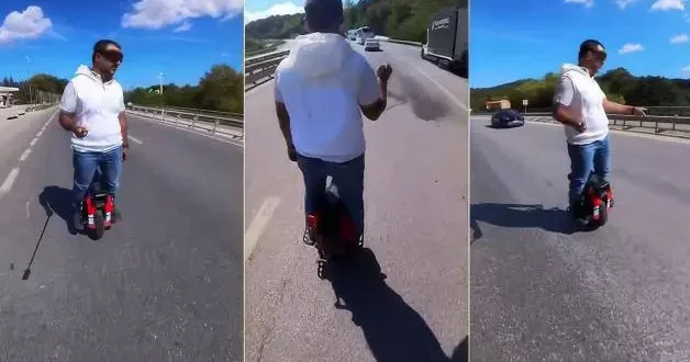 Trafikte akılalmaz anlar: Tek tekerlekli scooter ile tırların sağından geçti