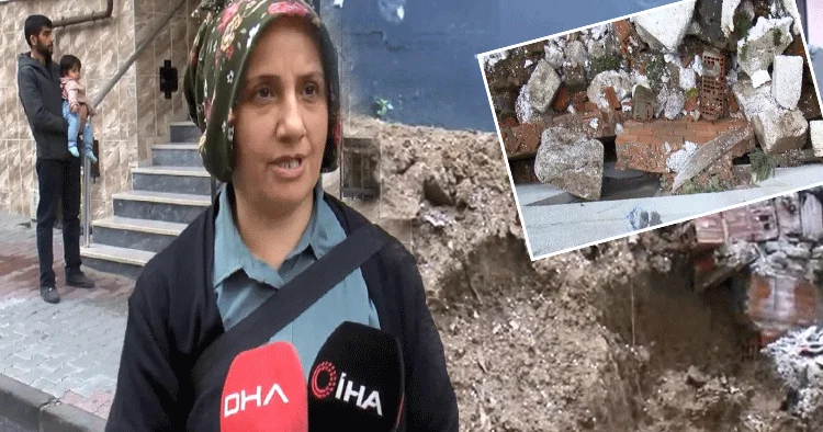 Deprem gibi! İstinat duvarı yan binanın üzerine düştü
