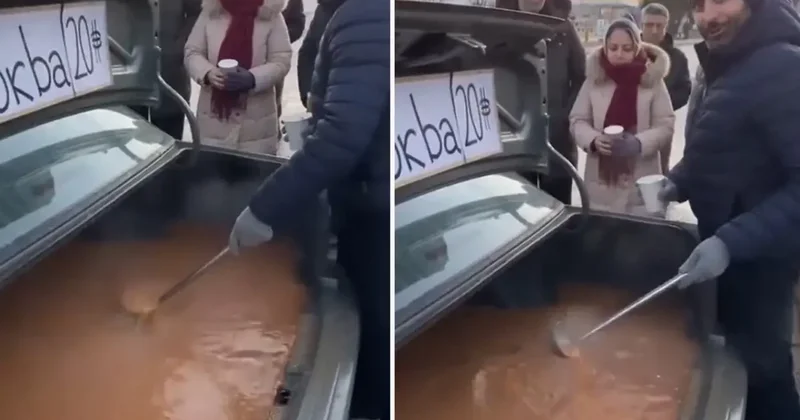 Arabanın bagajında çorba pişirip dağıttı