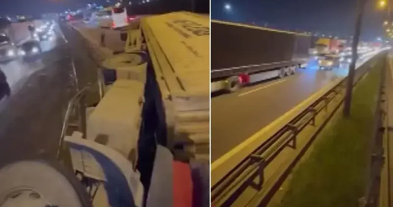 Tuzla TEM Otoyolu nda TIR devrildi; trafik yoğunluğu oluştu