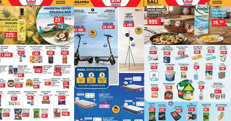 BİM Aktüel ürünleri kataloğu 12 Mayıs: Scooter, Çift Kişilik Yatak, Dana Baton Kavurma...