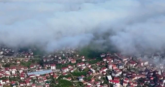 Sakarya’da kartpostallık görüntü: Sis bulutu ilçeyi beyaza bürüdü VİDEO İZLE