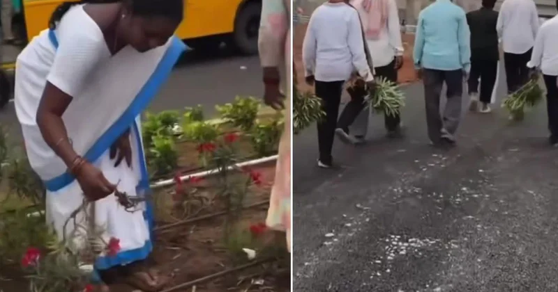 Havalimanı açılışına damga vuran görüntü! Çiçekleri söküp eve götürdüler