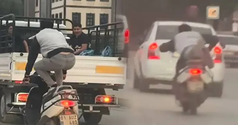 Trafik güvenliğini hiçe saydı! Motosikletlinin tehlikeli yolculuğu yürekleri ağza getirdi