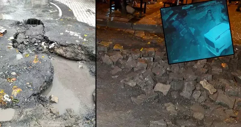 Küçükçekmece de yağışın ardından çöken yola 2 kişi ve 2 hafif ticari araç düştü