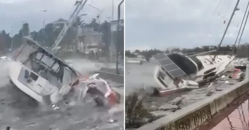 İstanbul u fırtına vurdu! Dev dalgalar tekneyi oyuncak gibi savurdu